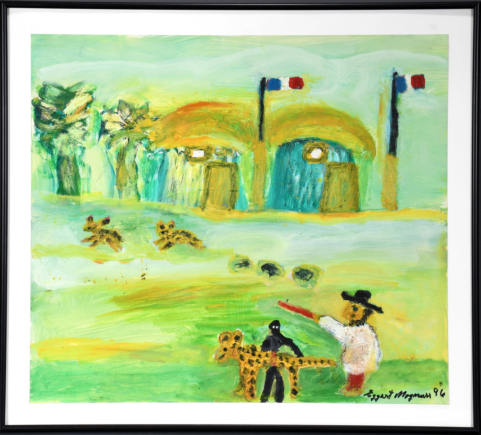 Eggert Magnusson. Scenes From Senegal, Man Hunting Gazelles.: Eggert Magnusson. (1915-2010). Scenes From Senegal, A Man Hunting Gazelles. 1996. Signed and dated. Paint on canvas paper. Excellent condition. Image is 21.5" w x 19" h. Size with frame is 24.5" w x 2