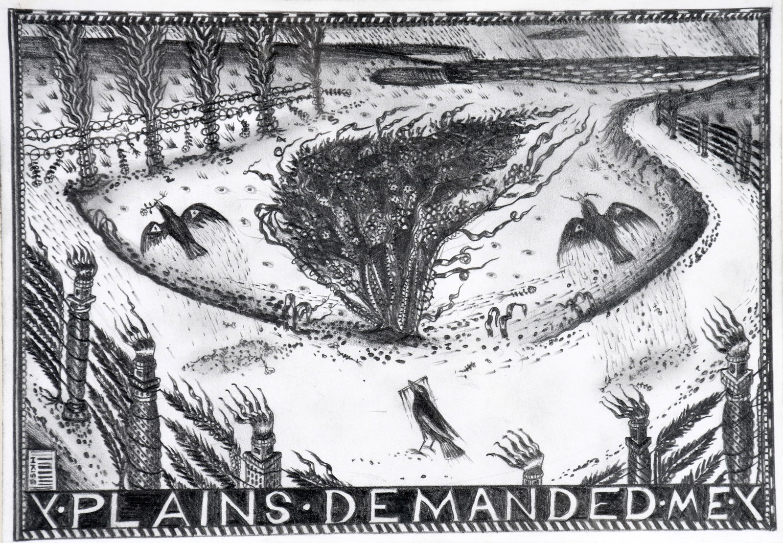 Hipkiss. Plains Demanded.: Hipkiss. Plains Demanded. 1997. Titled. Graphite on paper. Excellent condition. Image is 8" w x 5.5" h. Frame is 16" w x 13.5" h. Provenance: Cavin Morris Gallery. Est. $200-400. Ship: $45