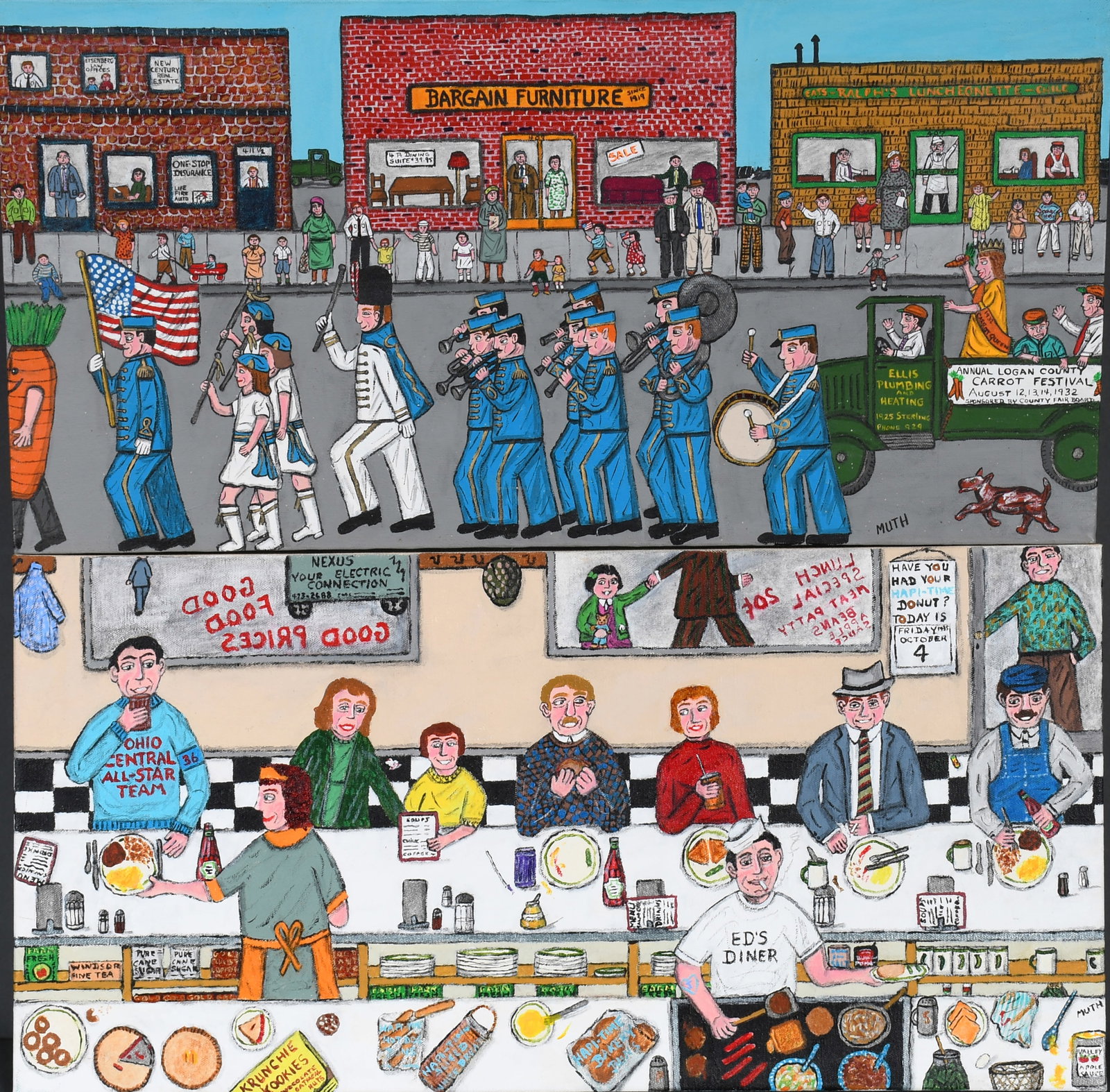 Marcia Muth. Bargain Furniture and Ed's Diner.: Marcia Muth. Bargain Furniture and Ed's Diner. Signed and titled. Pair of works. Paint on canvas. Excellent condition. Average is 24" w x 12" h. Est. $400-700. Ship: $65