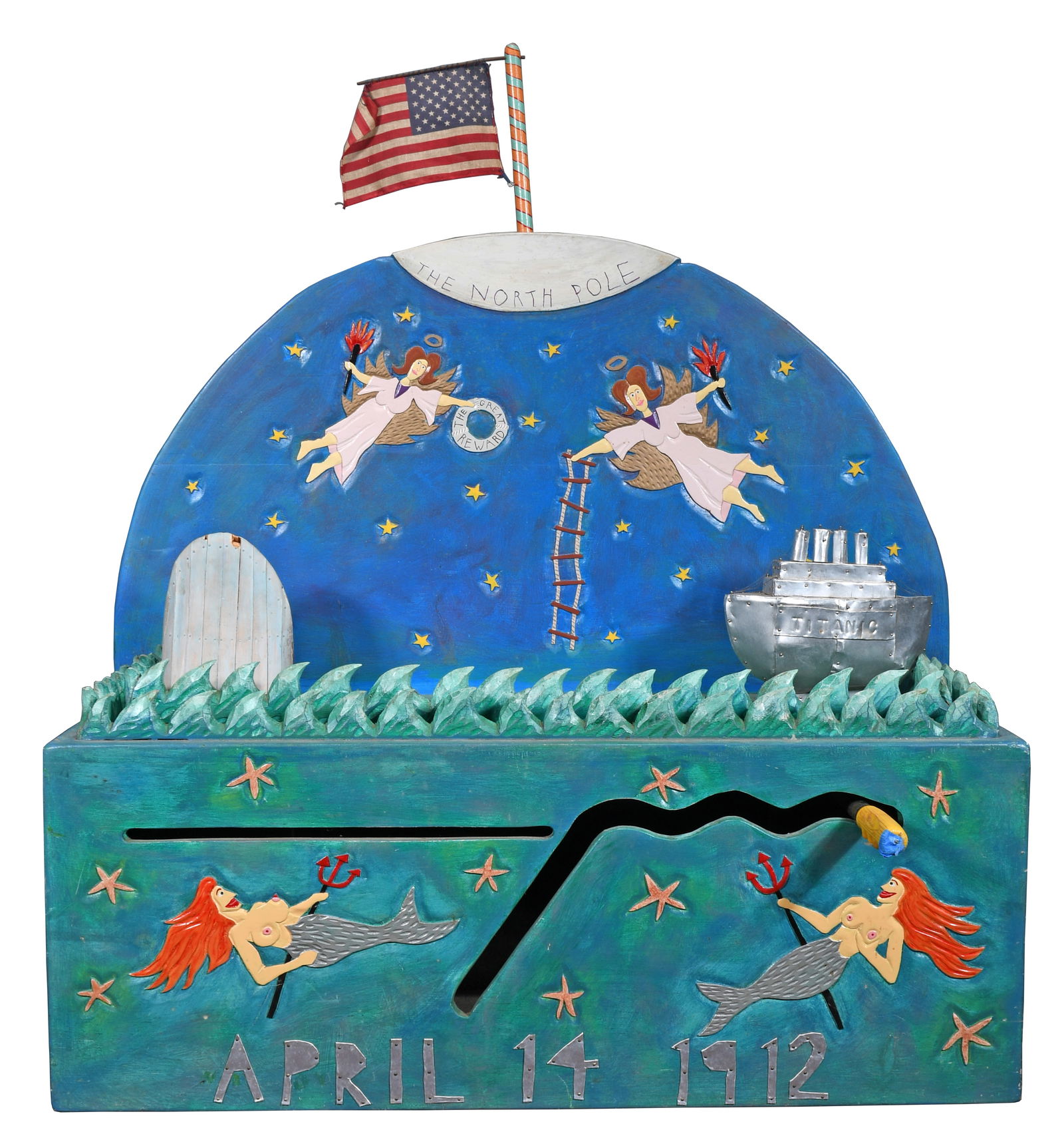 Jesse Luther Hickman. The Titanic.: Jesse Luther Hickman. The Titanic. 1985. Signed and dated. Carved and painted wood with mixed media construction. Moveable boat and iceberg. Minor loss on iceberg tip, otherwise great condition. 41" w