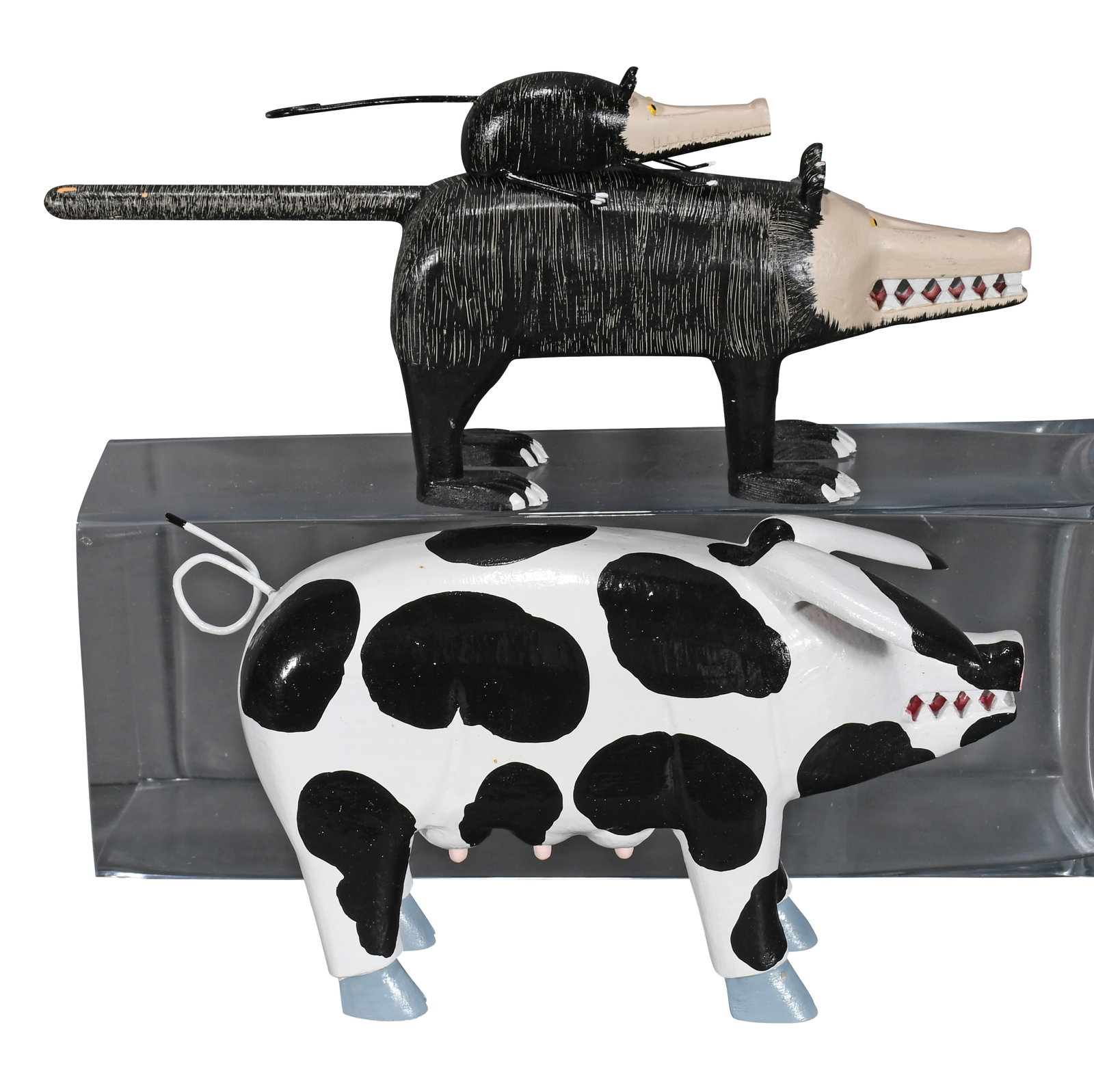 Lonnie and Twyla Money. Pig & Possum with Baby.: Lonnie and Twyla Money. Pig and Possum with Baby. Signed. Carved and painted wood with mixed media. Excellent condition. Largest is 15.5" w. Est. $200-400. Ship: $65