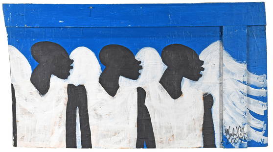 Michael Cullen. Three Angels.: Michael Cullen. Three Angels. 2007. Signed and dated. Paint and mixed media on found board. Excellent condition. 39.5" w x 22" h. Est. $300-500. Ship: $200