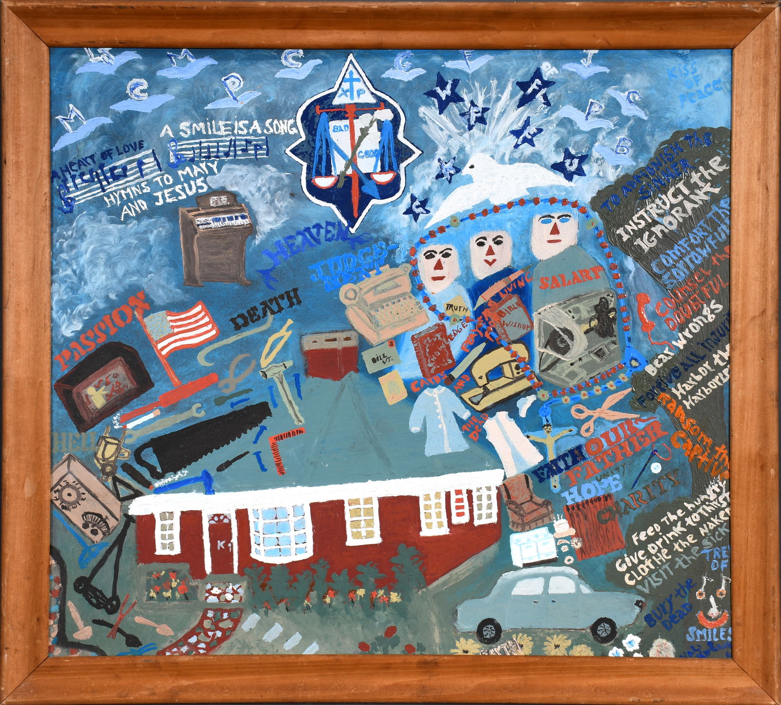 Christian Values.: Val Kolosky (?). Christian Values. Signed but difficult to read. Oil on masonite. Excellent condition. Size with frame is 33" w x 31" h. Est. $200-300. Ship: $150