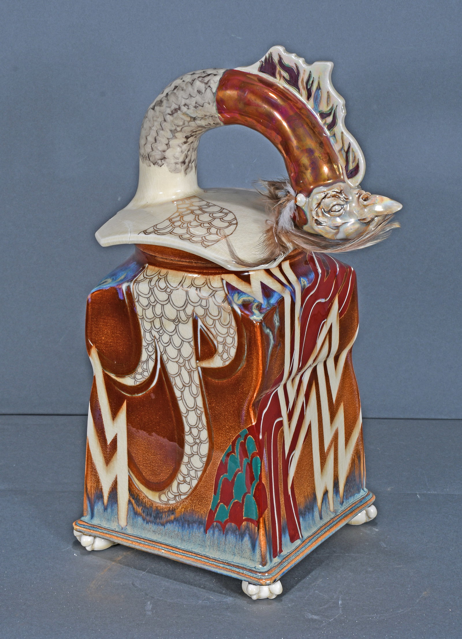 Montesano Porcelain. Serpent Topped Vase.: Montesano Porcelain. Serpent Topped Vase. Glazed pottery with mixed media. Break and repair on lid, otherwise great condition. 9" w x 15" h. Provenance: Purchased from artist in Alexandria, Virginia. 