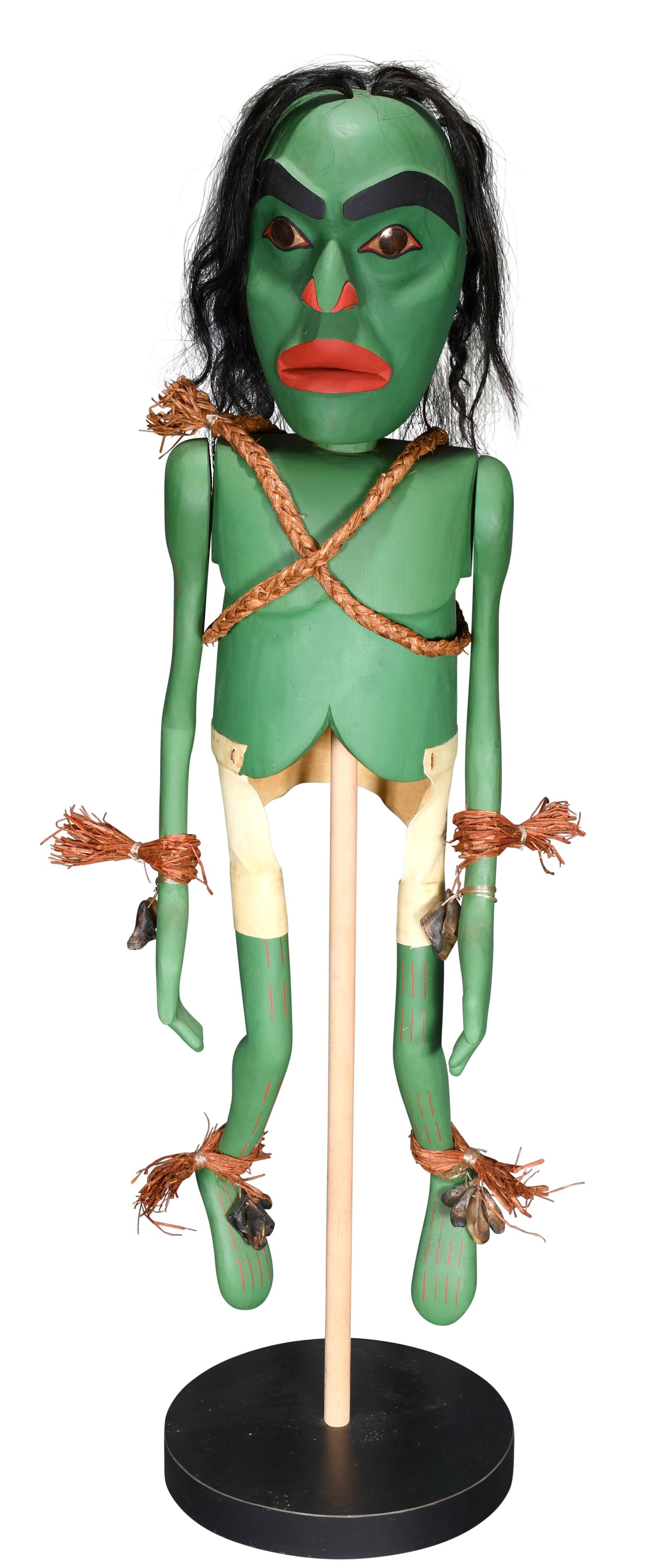 R. Neel. Shaman's Puppet.: R. Neel. Shaman's Puppet. 1994. Signed, dated and titled. Carved and painted wood with deer hoof, natural fiber, wig hair and brass eyes. Excellent condition. Image is 43" h x 11.5" w. Est. $1,000-2,0