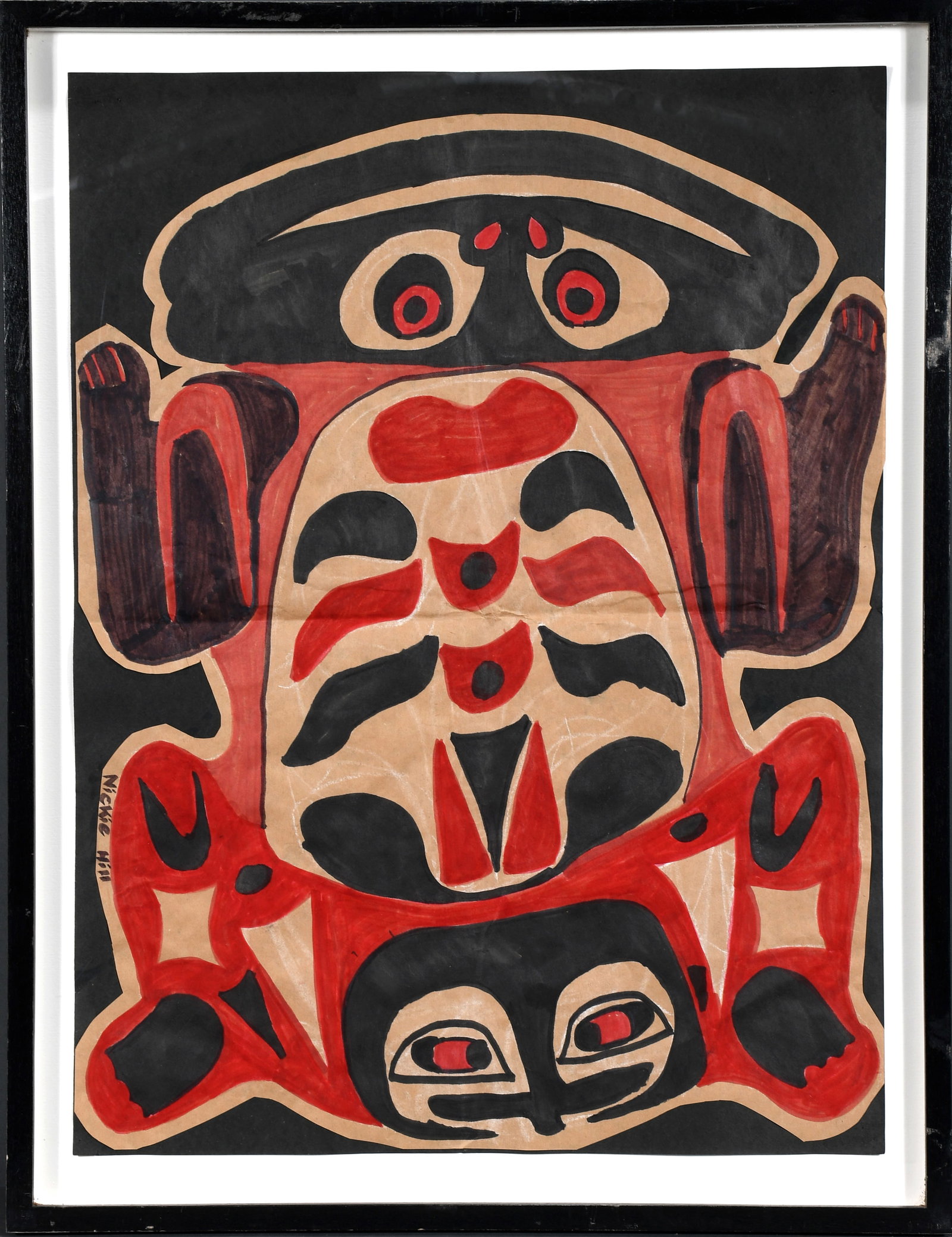 Nickie Hill. Inuit-Style Animal.: Nickie Hill. Inuit-Style Animal. Signed. Marker on brown paper cutout. Great condition. Size with frame is 20.5" w x 27" h. Est. $50-100. Ship: $65