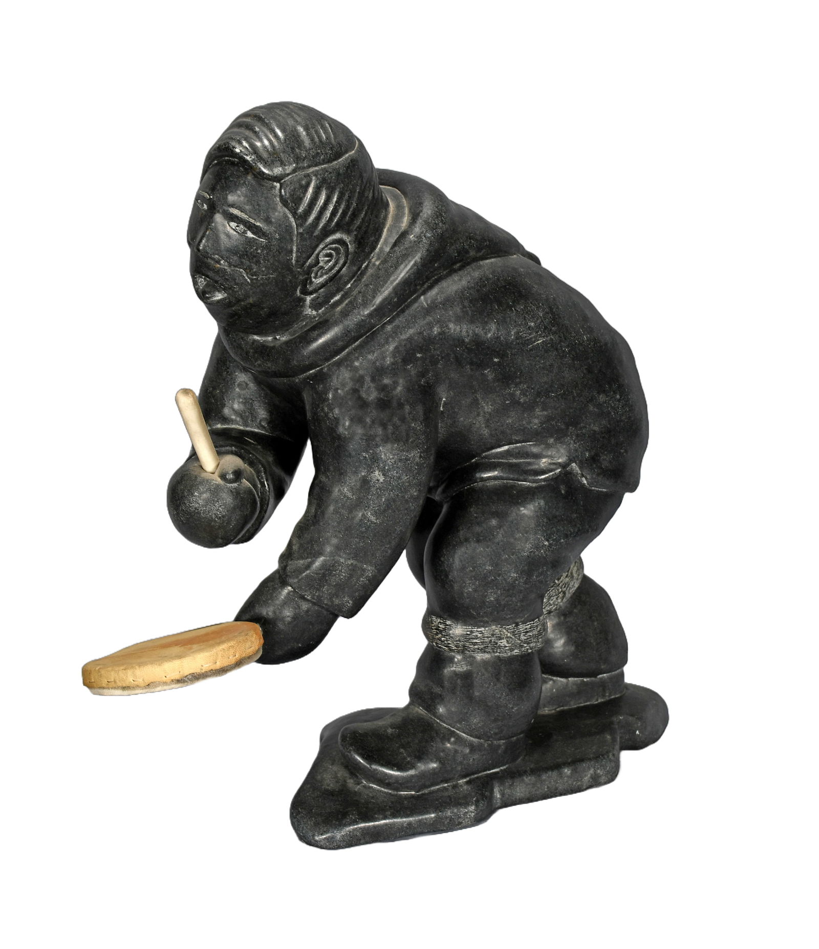 Adamie Anautak. The Drummer.: Adamie Anautak. The Drummer. 1985. Signed and dated. Carved serpentine with skinand bone drum. Excellent condition. 15" w x 15" h. Est. $200-400. Ship: $85