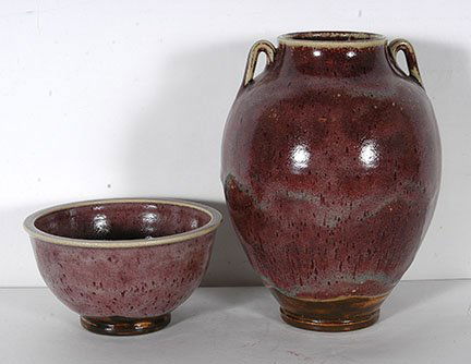 Ben Owen, III. Watermelon Colored Glaze Ware.: Ben Owen, III. Pair Of Watermelon Colored Glaze Ware. 1994 and 1998. Signed and dated. Mint condition. Tallest is 11”h. Est. $400-800. Ship: $85