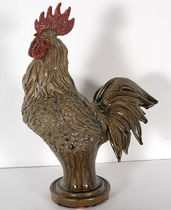 Turkey Merck. Yard Bird Rooster.: Turkey Merck. Yard Bird Rooster. 2007. Signed and dated. Ash green glaze. Mint condition. 18”h. Est. $300-500. Ship: $100