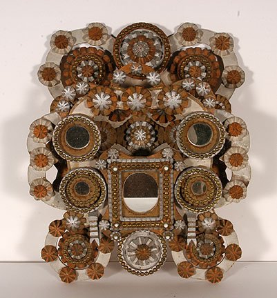 David Strausser. Tramp Art Mirror Mail Pocket.: David Strausser (1886-1982). Hanging Tramp Art Mirror Mail Pocket. c. 1910. Berk Co. PA. Carved and chipped wood with mirrors, brass tacks and paint. Great condition. 17” x 20”x 5”. Est. $1,000-