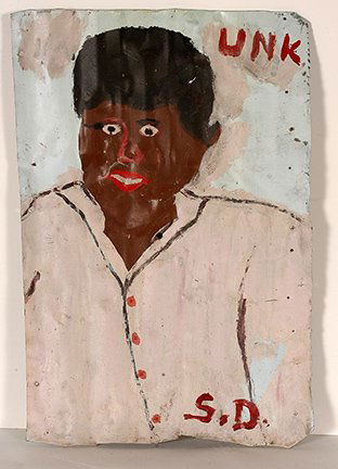 Sam Doyle. UNK.: Sam Doyle. UNK. c. 1980’s. Not dated. Initialed and titled. Self-portrait of Sam Doyle. Paint on found tin. Excellent environmental condition. 17” w x 23”h. Provenance: The Red Piano Art Gallery