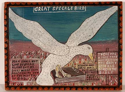 Howard Finster. Great Speckle Bird.: Howard Finster. Great Speckle Bird. 1976. Pre-numbering system. Signed. Enamel on wood with artist’s wood-burned frame. Excellent condition. 16” x 12” h. Provenance: The Private Collection of Ch