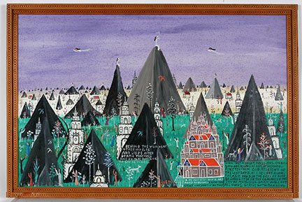 Howard Finster. Behold The Visions, #4,385.: Howard Finster. Behold The Visions Of Other Worlds, #4,385. 1985. Signed, dated and numbered. Enamel on plywood with artist made wood burned frame. Spotting in purple sky, otherwise excellent conditio