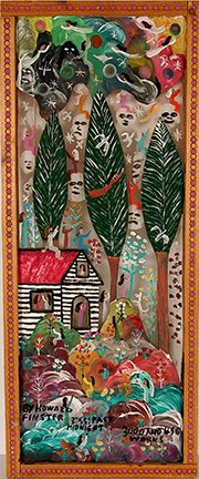 Howard Finster. House In The Woods, #3,456. : Howard Finster. House In The Woods, #3,456. Not dated. Paint on wood cutout and backed by plexiglass and artist made wood-burned frame. Excellent condition. 10” w x 24”h. Est. $1,500-2,000. Ship: