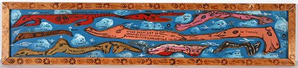 Howard Finster. Scrap Art, #2,948.: Howard Finster. Scrap Art, #2,948. 1983. Signed, dated and numbered. Paint on scrap board cut outs with artist-made frame. Excellent condition. 30.5” w x 6.5”h. Est. $1,000-2,000. Ship: $55