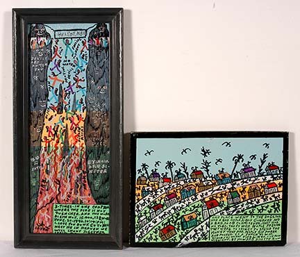Howard Finster. Gulf Of Hell Went To The Dogs.: Howard Finster. Gulf Of Hell and Place Went To The Dogs. 1990. Pair of works. Marker and paint on boards. Tallest is 8”w x 16”h. Excellent condition. Est. $300-500. Ship: $35