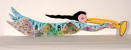 Howard Finster. Angel w Colorful Souls, $12,027.: Howard Finster. Angel With Colorful Resting Souls, $12,027. 1989. Paint and marker on wooden cut out. Excellent condition. 10.5” x 50”. Provenance: The Lynne Ingram Collection. Est. $800-1,200. Sh