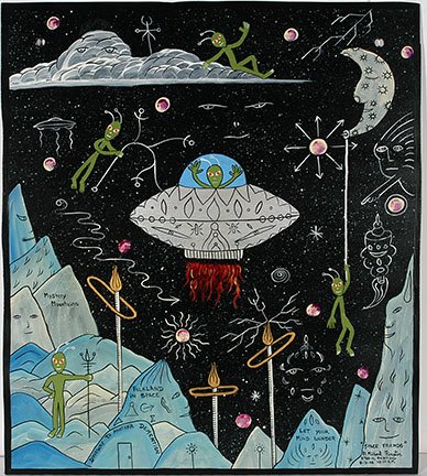 Michael Finster. Space Friends, #5,780.: Michael Finster. Space Friends, #5,780. 2006. Signed, dated, titled and numbered. Paint on found panel. Excellent condition. 21” w x 24”h. Est. $300-500. Ship: $45