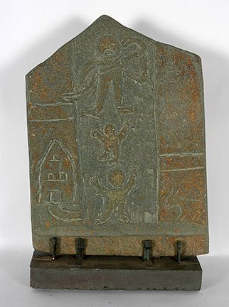 Raymond Coins. Dream.: Raymond Coins. Dream. Not dated. Signed and the words, “Adam I Am God” carved into front right side. Carved river stone. Concrete base display. Excellent condition. 22”h x 17” x 2.5”. Est. $