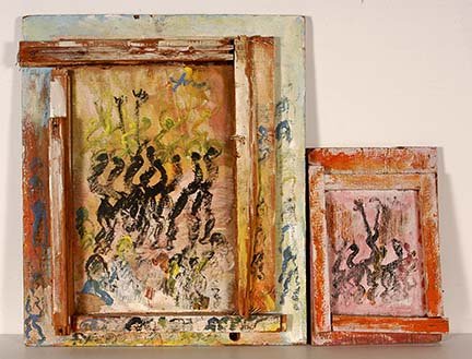 Purvis Young. Pair Of Square Constructions.: Purvis Young. Pair Of Square Constructions. Not dated. Signed. Paint on found board and canvas panel with 3D frame. Excellent condition. Largest is 21” x 25” x 4. Est. $800-1,200. Ship: $65