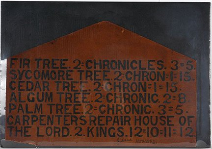 Jesse Howard. Trees In The Bible.: Jesse Howard. Trees In The Bible. c. 1970’s. Signed. Paint on early paper board. Minor corner missing, lower left, otherwise greatcondition. 19” w x 13”h. Provenance: The Salvatore Scalora. Est.