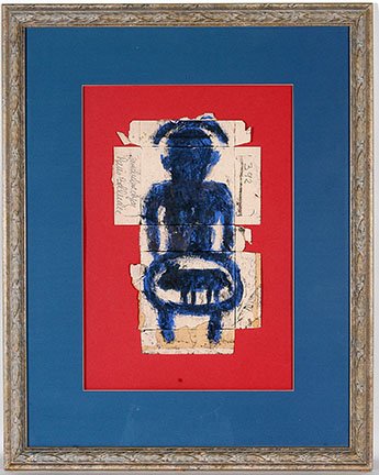 Michel Nedjar. Blue Figure With Animal.: Michel Nedjar. Blue Figure With Animal. 1992. Signed and dated. Mixed media on flattened frozen food box. Excellent condition. Provenance: Galerie St. Etienne, NY and The Private Collection of Sherry