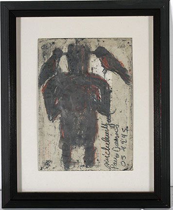 Michel Nedjar. Figure With Two Birds.: Michel Nedjar. Figure With Two Birds. 1995. Signed and dated. Graphite and mixed media on envelope. Excellent condition. Image is 6”x 9”. Frame is 11”x 14”. Est. $800-1,200. Ship: $35
