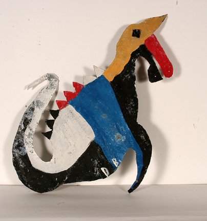 David Butler. Sea Monster.: David Butler. Sea Monster. Not dated. Initialed. Paint on cut tin. Environmental deterioration of paint, otherwise good condition. 27” w x 19” h. Double-sided. Provenance: The Lynne Ingram Collect