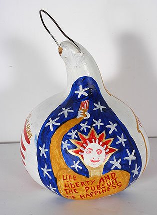 B.F. Perkins. Liberty, Flag and Church Gourd.: B.F. Perkins. Liberty, Flag and Church Gourd. Initialed. Not dated. Paint on gourd. 11” x 9”. Excellent condition. Est. $100-200. Ship: $40 (artist is listed incorrectly as Purvis Young in catalog
