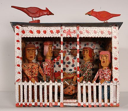 Carl McKenzie. Jesus In The Manger.: Carl McKenzie. Jesus In The Manger. Signed and not dated. Carved and painted wooden figures in painted board construction box. Repair to bird on top, otherwise great condition. 19” x 20” x 13”. 