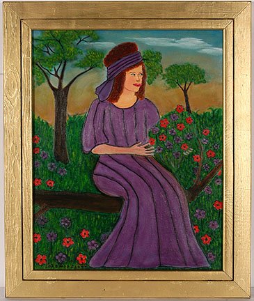 Lorenzo Scott. Lavender Lady w Flowers.: Lorenzo Scott. Lavender Lady With Flowers. Signed. Not dated. Oil on canvas. Excellent condition. Size with frame is 20”w x 24”h. Provenance: The Ted Oliver Collection. Est. $200-400. Ship: $45