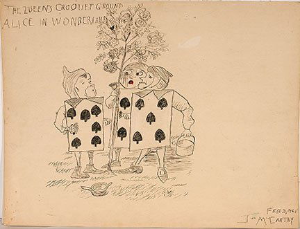 Justin McCarthy. The Queen Croquet Ground.: Justin McCarthy. The Queen Croquet Ground. 1961. Signed and dated. Ink on paper. Paper has aged, otherwise great condition. 28” x 22”h. Est. $600-900. Ship: $55