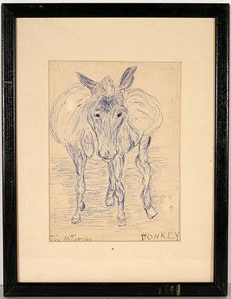 Justin McCarthy. Donkey.: Justin McCarthy. Donkey. Signed and titled, not dated. Ink on paper. Water drop on paper, otherwise great condition. Image is 8” w x 11”h. Frame is 13” w x 17”h. Est. $300-500. Ship: $35