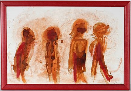 Karl Mullen. Four Brown Figures.: Karl Mullen. Four Brown Figures. 2007. Initialed and dated. Watercolor on paper. Excellent condition. 19” w x 13” h with frame. Est. $300-500. Ship: $35