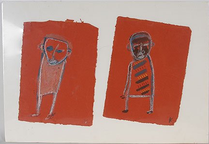 Karl Mullen. Two Figures.: Karl Mullen. Two Figures. c. 2006. Initialed. Not dated. Acrylic and oil pastel on handmade rag fiber paper. Excellent condition. 8” w x 11”h each, frame together. Est. $300-500. Ship: $45