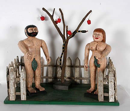 Shane Campbell. Adam & Eve.: Shane Campbell. Adam & Eve. Signed. Not dated. Carved and painted wood. Includes four separate pieces. Excellent condition. 24” x 15”x 22”h. Est. $800-1,200. Ship: $100