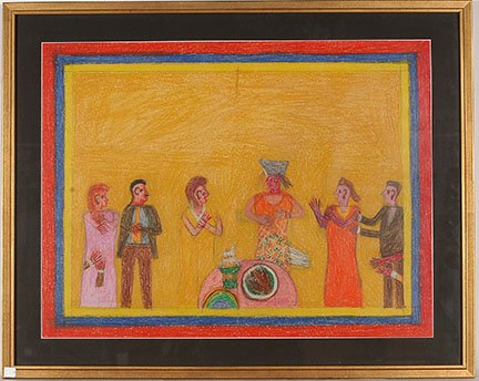 Eddie Arning. Dinner Party.: Eddie Arning. Dinner Party. Not signed or dated. Crayon on paper. Image is 26”w x 20”h. Frame is 31”w x 25”h. Excellent condition. Est. $800-1,200. Ship: $65