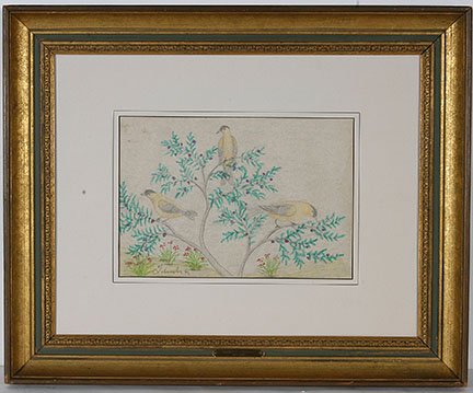 Lawrence Lebduska. Yellow Song Birds.: Lawrence Lebduska. Yellow Song Birds. 1961. Signed and dated. Graphite and crayon on paper. Excellent condition. Image is 11” w x 7.5”h. Frame is 22”w x 18”h. Est. $500-800. Ship: $45