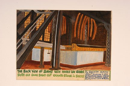 Gayleen Aiken. Back View Of Old Gang Saws.: Gayleen Aiken. Back View Of Old Gang Saws. Paint on canvas panel. Signed. Excellent condition. 12” x 9”h. Provenance: The George and Sue Viener Collection. Est. $300-500. Ship: $45