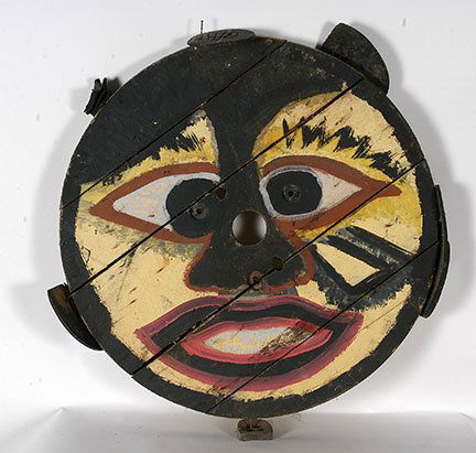 Lonnie Holley. Even Heels Have Souls.: Lonnie Holley. Even Heels Have Souls. 1991. Signed and dated. Paint on wooden spool top with shoe soul attached. Excellent condition. 29” diameter. Est. $1,000-1,500. Ship: $85