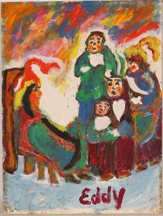 Eddy Mumma. Multi-Figure Work.: Eddy Mumma. Multi-Figure Work. Acrylic on canvas panel. Signed. Foxing throughout, fair condition. 12” w x 16”h. Est. $300-500. Ship: $35