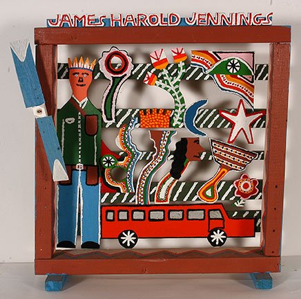 James Harold Jennings. Abstract w Self-Portrait.: James Harold Jennings. Abstract With Self-Portrait. Not signed or dated. Paint on wood with whirligig fan. Excellent condition. 22” x 7” x 24”h. Est. $500-800. Ship: $85