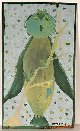 Mose Tolliver. Owl.: Mose Tolliver. Owl. 1989. Signed. Paint on wooden panel. Excellent condition. 22” w x 36”h. Provenance: American Primitive Gallery. Est. $800-1,200. Ship: $65