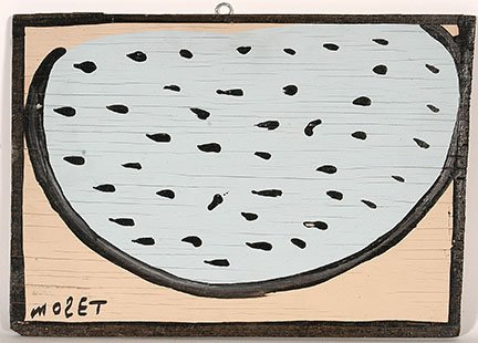 Mose Tolliver (or Mose Tolliver attrib). Blue Watermelo: Mose Tolliver (or Mose Tolliver attrib). Blue Watermelon. Paint on wood. 18” w x 13”h. Signed. Excellent condition. Est. $300-500. Ship: $35