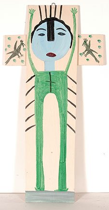 Mose Tolliver or Mose Tolliver Style. On The Cross.: Mose Tolliver or Mose Tolliver Style. On The Cross. Paint on board. Excellent condition. 16.5” x 32”. Provenance: Kelly Ludwig, author of Detour Art. Est. $100-200. Ship: $45