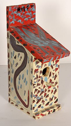 Mose Tolliver. Decorated Birdhouse.: Mose Tolliver. Decorated Birdhouse. Signed. Not dated, but c. 1991. Paint on wooden birdhouse. Excellent condition. 17” x 9” x 5”. Prov. Lynne Ingram. Est. $200-300. Ship: $45