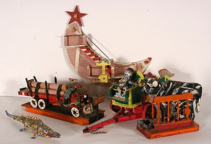 Willie Massey. Box Of Unusual Works.: Willie Massey. Box Of Unusual Works. Lot includes truck, wagon, lizzard, milking cow. Signed. Not dated. Mixed media. Good to fair condition Largest is 16”long. Est. $100-200. Ship: $55