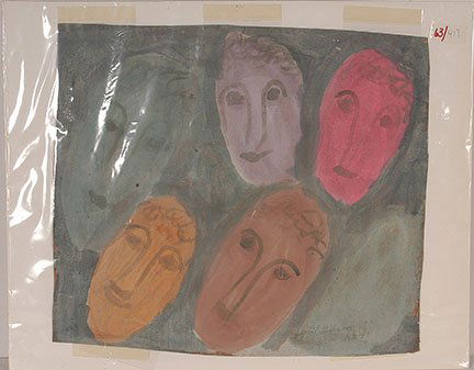 Sybil Gibson. Five Faces.: Sybil Gibson. Five Faces. 1991. Signed. Watercolor on paper bag. Tear in lower right face, otherwise fair condition. 19” w x 16”h. Est. $100-200. Ship: $45
