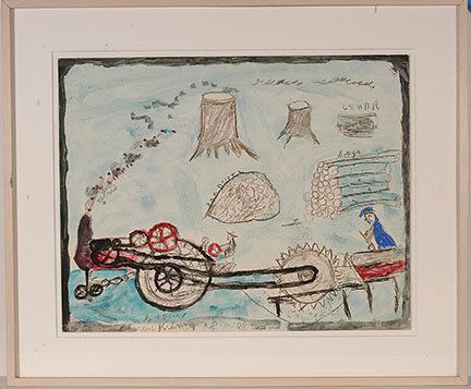 Charlie Kinney. Saw Mill.: Charlie Kinney. Saw Mill. Signed and titled. Not dated. Paint, crayon and graphite on poster. Excellent condition. Image is 28” w x 22” h. Frame is 37” w x 32”h. Excellent example. Est. $500-8