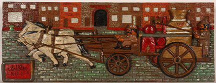 Albert Hoffman. Fire Company No. 1.: Albert Hoffman. Fire Company No. 1. 1971. Polychrome carved bas-relief. Signed and dated. Excellent condition. 24.5”w x 9”h. Provenance: The Luise Ross Gallery, The George and Sue Viener Collectio
